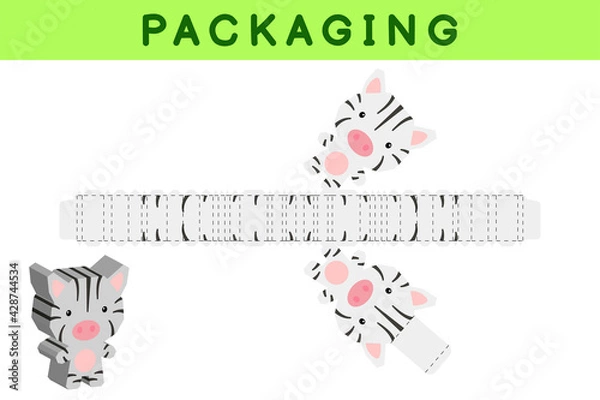 Fototapeta Party favor box die cut zebra design for sweets, candies, small presents, bakery. Package template, great design for any purposes, birthdays, baby showers, pinata. Vector stock illustration.