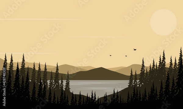 Obraz The beautiful view of the mountains from the riverbank with the silhouette of the pine trees around it. Vector illustration