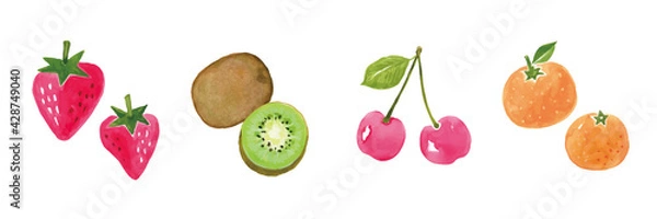 Obraz フルーツの水彩イラスト　いちご　キウイ　さくらんぼ　みかん