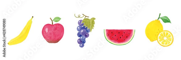 Obraz フルーツの水彩イラスト　バナナ　りんご　ぶどう　スイカ　レモン