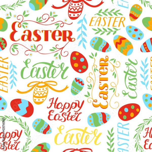 Fototapeta Seamless colorful pattern with a Wreath, flowers , eggs hand written Happy Easter.