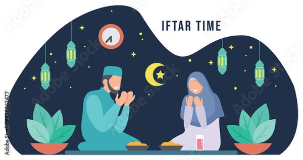 Fototapeta Iftar time with Family during Ramadan month, Ramadan Fasting vector illustration.
