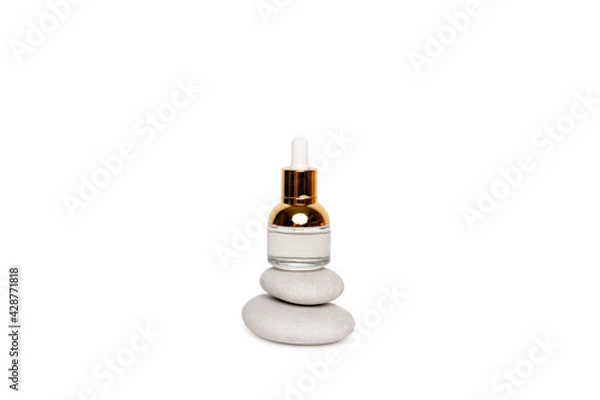 Fototapeta Transparent golden bottle with pipette and hylauronic acid. Top horizontal view copyspace