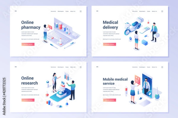 Fototapeta Vector set of modern website templates offering services of medical and pharmacy help and online research isolated on white background