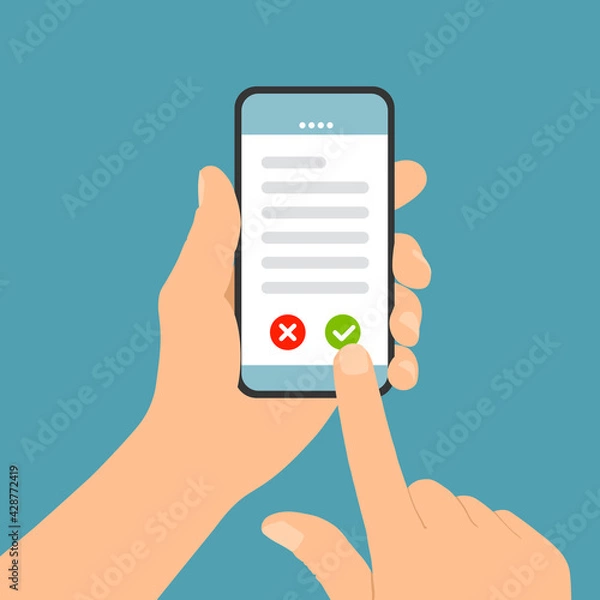 Fototapeta Flat design illustration of male hand holding touch screen mobile phone. Confirms the display terms or license, vector