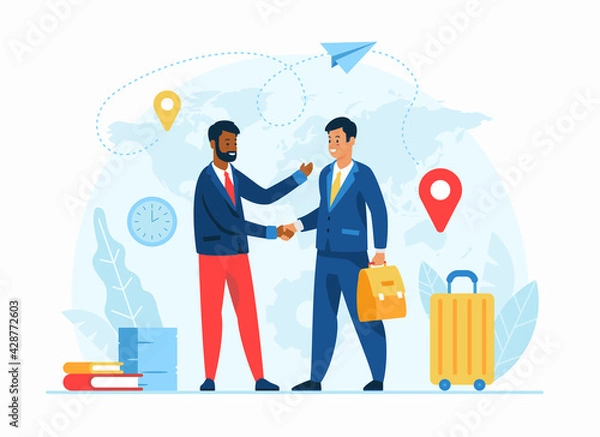 Fototapeta Work abroad concept flat vector illustration. Human resources agency. Male cartoon character employer welcomes new foreign worker. International recruiting. Expat work. Job for migrants
