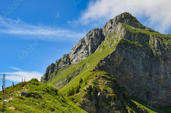 Fototapeta hike to the fronalpstock above mollis in the glarus mountains. Ascent to the summit through the couloir. landscape swiss