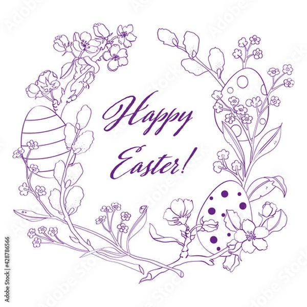 Fototapeta Easter frame from apple-tree willow flowers and forget-me-nots with congratulations
