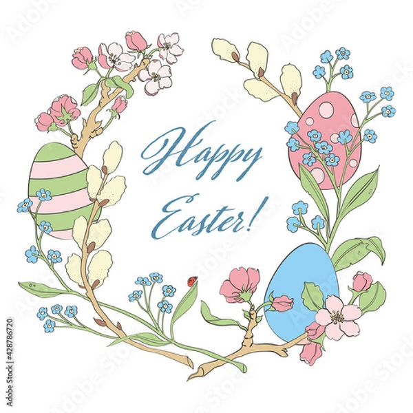 Fototapeta Easter frame from apple-tree willow flowers and forget-me-nots with congratulations