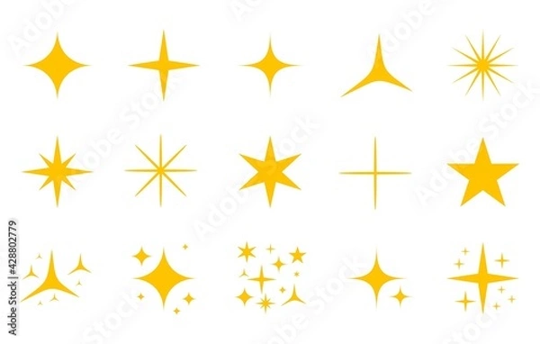 Fototapeta Yellow, gold sparkles icons set isolated on white background. Bright firework, decoration twinkle, shiny flash. Glowing light effect stars and bursts collection. Vector illustration