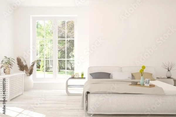 Fototapeta Stylish bedroom in white color with summer landscape in window. Scandinavian interior design. 3D illustration