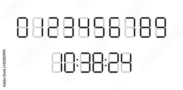 Fototapeta Digital time clock. Numbers for timer, calculator and watch display. Font of digit for counter. Black numbers isolated on white board. Type of digits for countdown. Web graphic for clock. Vector