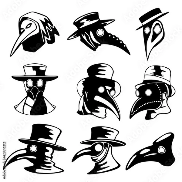 Obraz A set of nine plague doctor masks isolated on a white background.
