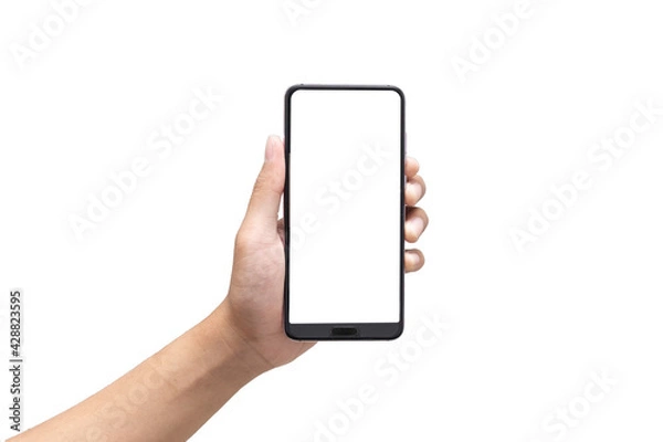 Fototapeta Hand holding mobile phone with blank screen on white background. Isolated.