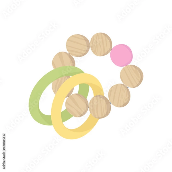 Fototapeta Wooden children teether isolated on white background. Eco friendly, zero waste toy for baby. Rattle with Hanging threads and beads. Flat Vector illustration in hand drawn style.