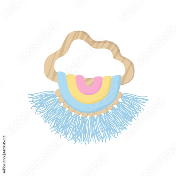 Fototapeta Wooden children teether isolated on white background. Eco friendly, zero waste toy for baby. Rattle with Hanging threads and beads. Flat Vector illustration in hand drawn style.