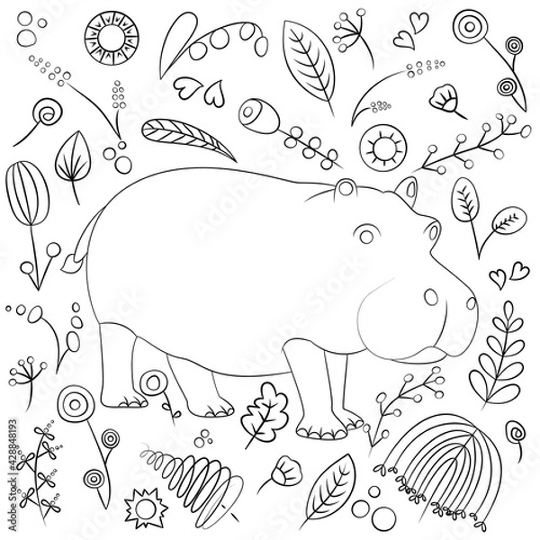 Obraz doodle vector drawing African animals hippo and flowers