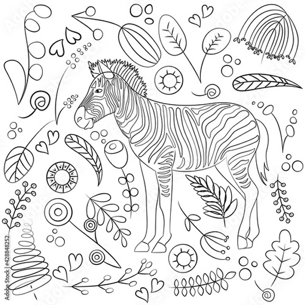 Fototapeta doodle vector drawing African animals zebra and flowers
