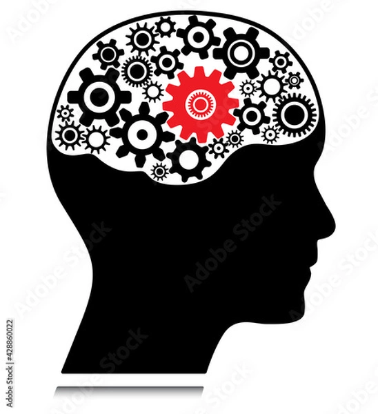 Fototapeta Human head with brain and gearwheels one red cogwheel. Business concept vector graphic to use in learning, knowledge, inteligence and creativity projects and presentations.