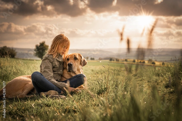 Obraz Beste Freunde - ein Kind lehnt sich an seinen Hund, einen Broholmer, an und beide genießen in der Natur den Sonnenuntergang an einem Spätsommertag