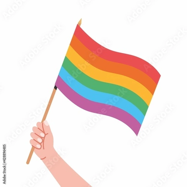 Fototapeta Rainbow flag in hand. Pride flag, hand holding lgbt symbol isolated on white background, vector illustration