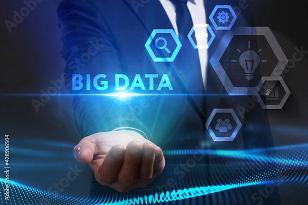 Fototapeta Business, Technology, Internet and network concept. Young businessman working on a virtual screen of the future and sees the inscription: Big data