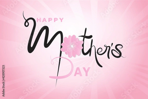 Fototapeta Happy Mothers day card word text of mom with a beautiful flower thank you card or greetings card on a pink shiny background banner template vector image design
