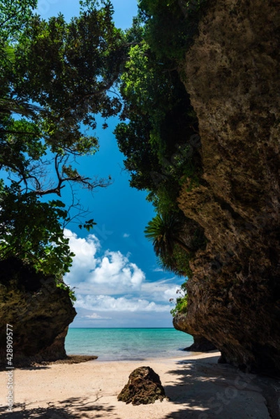 Fototapeta Cozy hidden paradise beach with clear and transparent emerald green waters among limestones with the typical coastal vegetation on it. Perfect for relaxing. Access through the Ibaruma Sabichi cave.