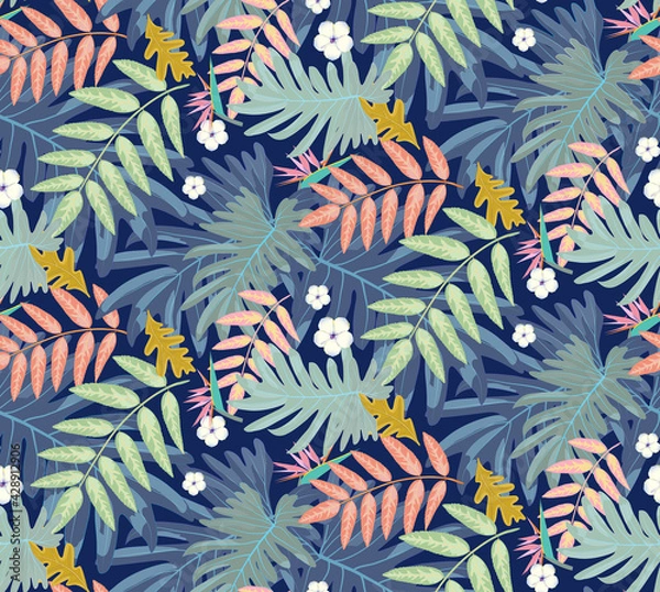 Fototapeta Tropical Rain forest leaf color seamless pattern. Hawaii wallpaper or textile fabric print vector background.