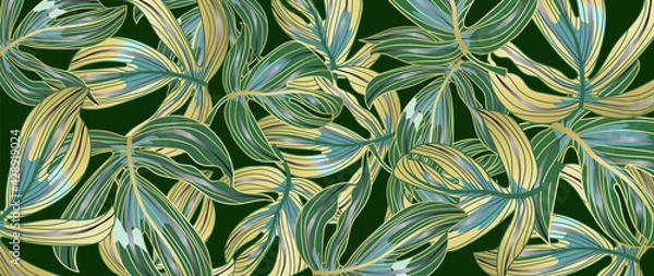 Fototapeta Luxury gold tropical leaves background vector. Wallpaper design with golden line art texture from palm leaves, Jungle leaves, monstera leaf, exotic botanical floral pattern.