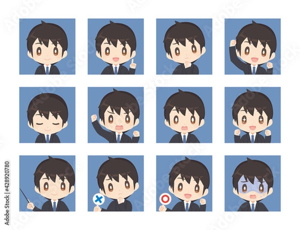 Fototapeta ビジネススーツ姿の男性 感情アイコンセット 四角形