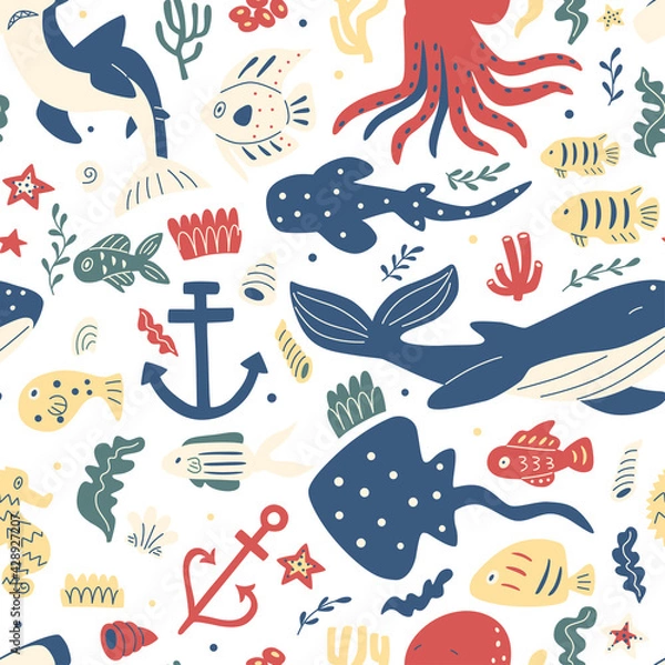 Fototapeta Sea vector seamless pattern with hand drawn whales, corals, octopus, fishes and shells.