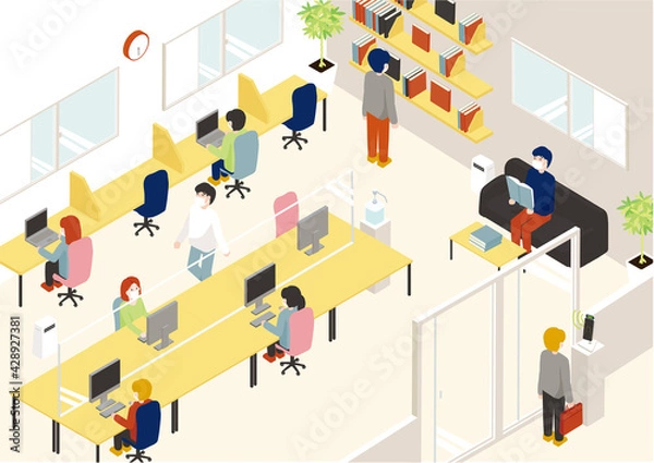 Fototapeta オフィス　感染症対策　アイソメトリックイラスト