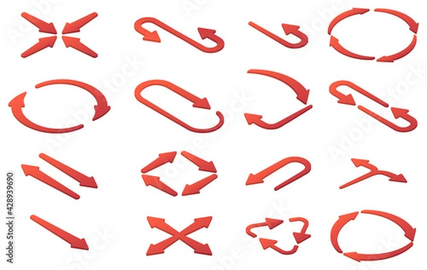 Fototapeta Isometric illustrations of red arrows in different directions.A set of three-dimensional icons isolated on a white background.3D objects.Vector illustration for banners websites ads and design element