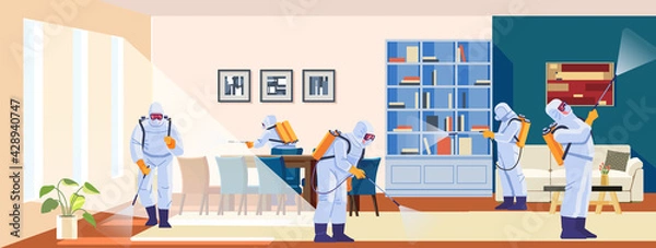 Fototapeta Home disinfection by cleaning service. Prevention controlling epidemic of coronavirus covid-2021. Worker in chemical protection disinfects the house. Cartoon style vector illustration design