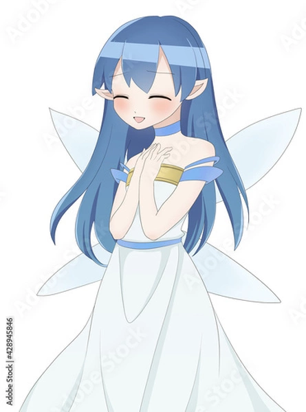 Fototapeta 妖精のイラスト　青　照れ笑い