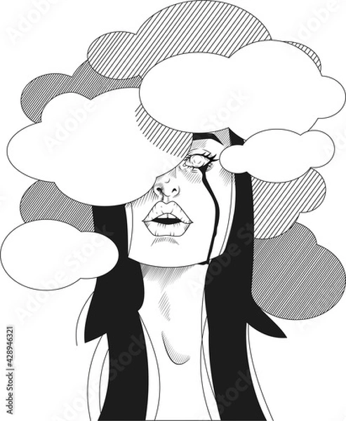 Fototapeta black and white illustration of a sad crying girl whose head is hidden in the clouds