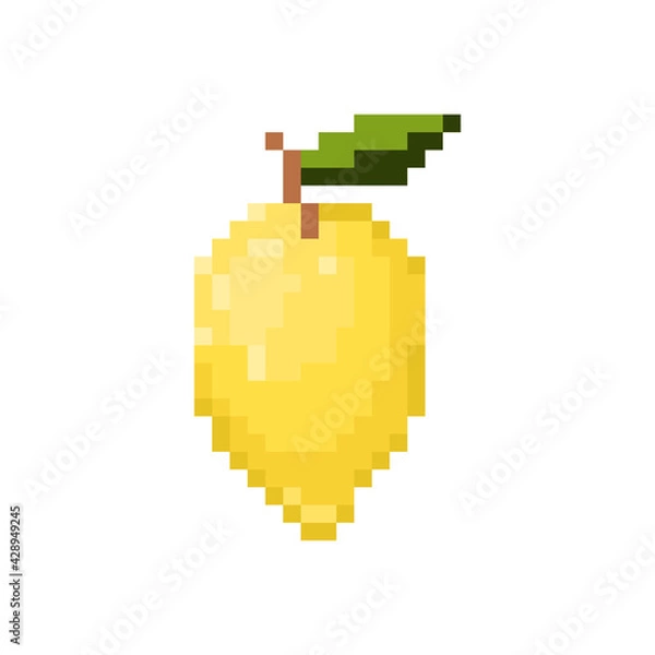 Fototapeta Pixel art yellow lemon icon. Pixel retro game lemon symbol. 8 bit or 16 bit style lemon icon for game or web design. Cute Flat Vector pixel art yellow fruit or berry icon.
