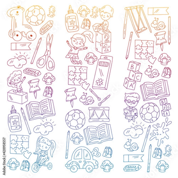 Fototapeta Kindergarten pattern with little children and toys. Creativity and imagination.