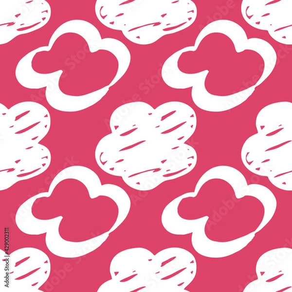 Fototapeta Seamless drawn cloud pattern. Brush painted clouds on a pink background