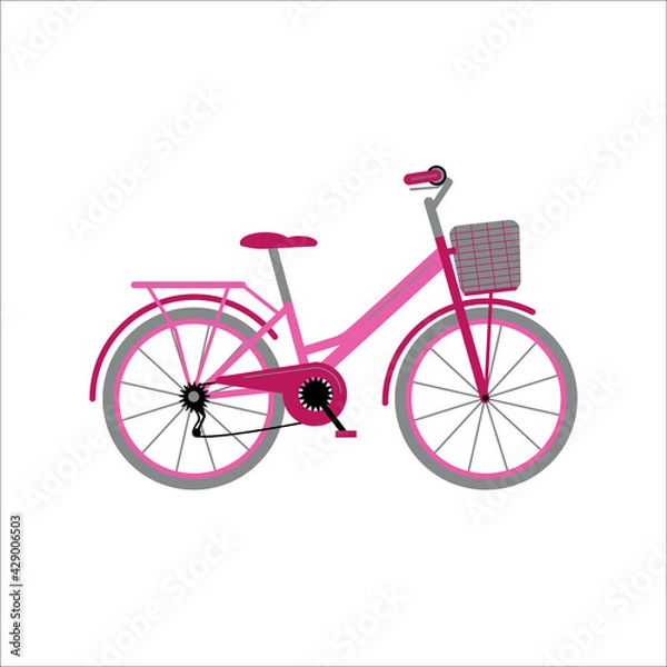 Fototapeta Women's pink bicycle with a basket for city travel. Bike for travel. Hobby. Flat style Vector Illustration.