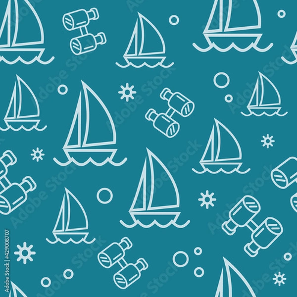 Fototapeta Sailing ships seamless vector pattern. Yachts and binoculars on a blue background. Summer sea background. For the design of fabrics, textiles, wrapping paper