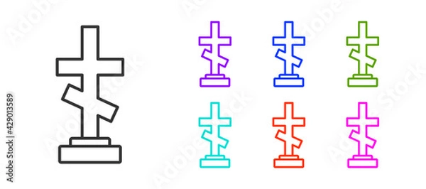 Fototapeta Black line Grave with cross icon isolated on white background. Set icons colorful. Vector