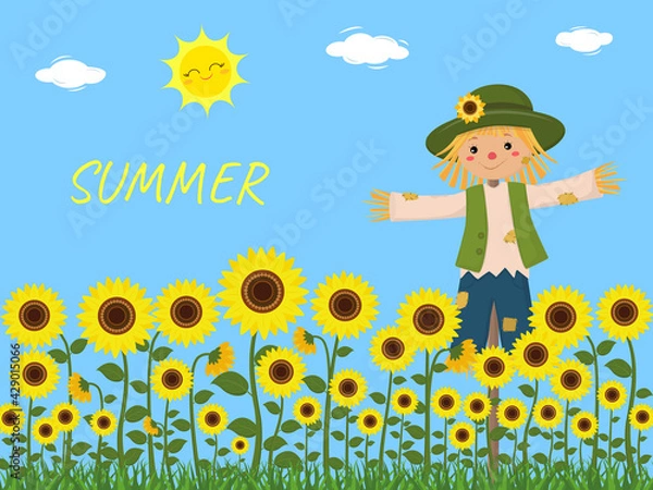 Obraz Sunflowers and a cute scarecrow, sky, sun, clouds. Vector illustration