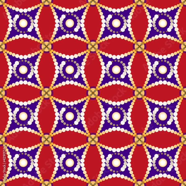 Fototapeta Vector Seamless Image of Stylized Yellow and White Beads, Dark Blue Squares and Rotating Snakes On a Blue Background