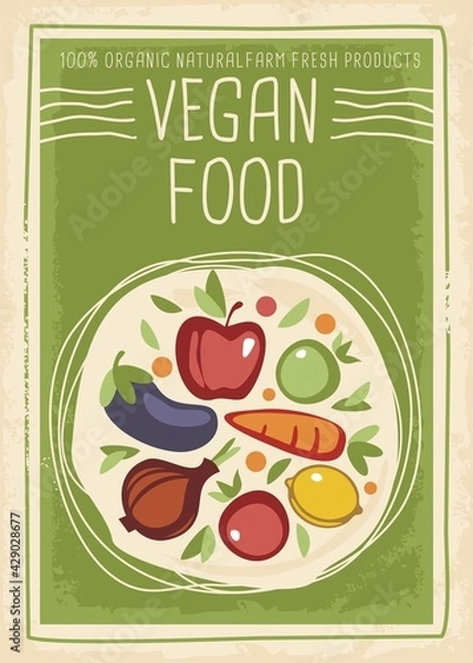 Fototapeta Vegan food banner design concept with various fruits and vegetables on green background. Organic products poster idea. Vector illustration with apple, onion, tomato, lemon, carrot and eggplant.