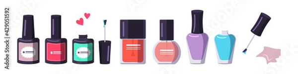 Fototapeta A bottle of nail polish in different shapes and colors. Manicure tools. Caring for the health of hands and nails. Beauty salon icons