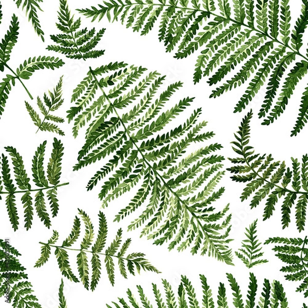 Fototapeta Seamless pattern made up of fern leaves, painted in watercolor on a white background.