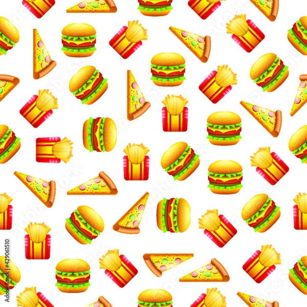 Fototapeta Seamless Pattern Abstract Elements Hamburger Cheeseburger Pizza And French Fries Fast Food Vector Design Style Background Illustration