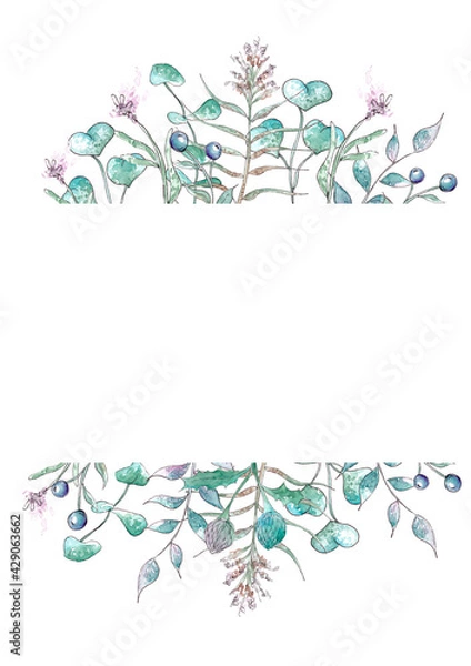 Fototapeta Hand drawn watercolor botanical frame with branches. Wedding Invitation.